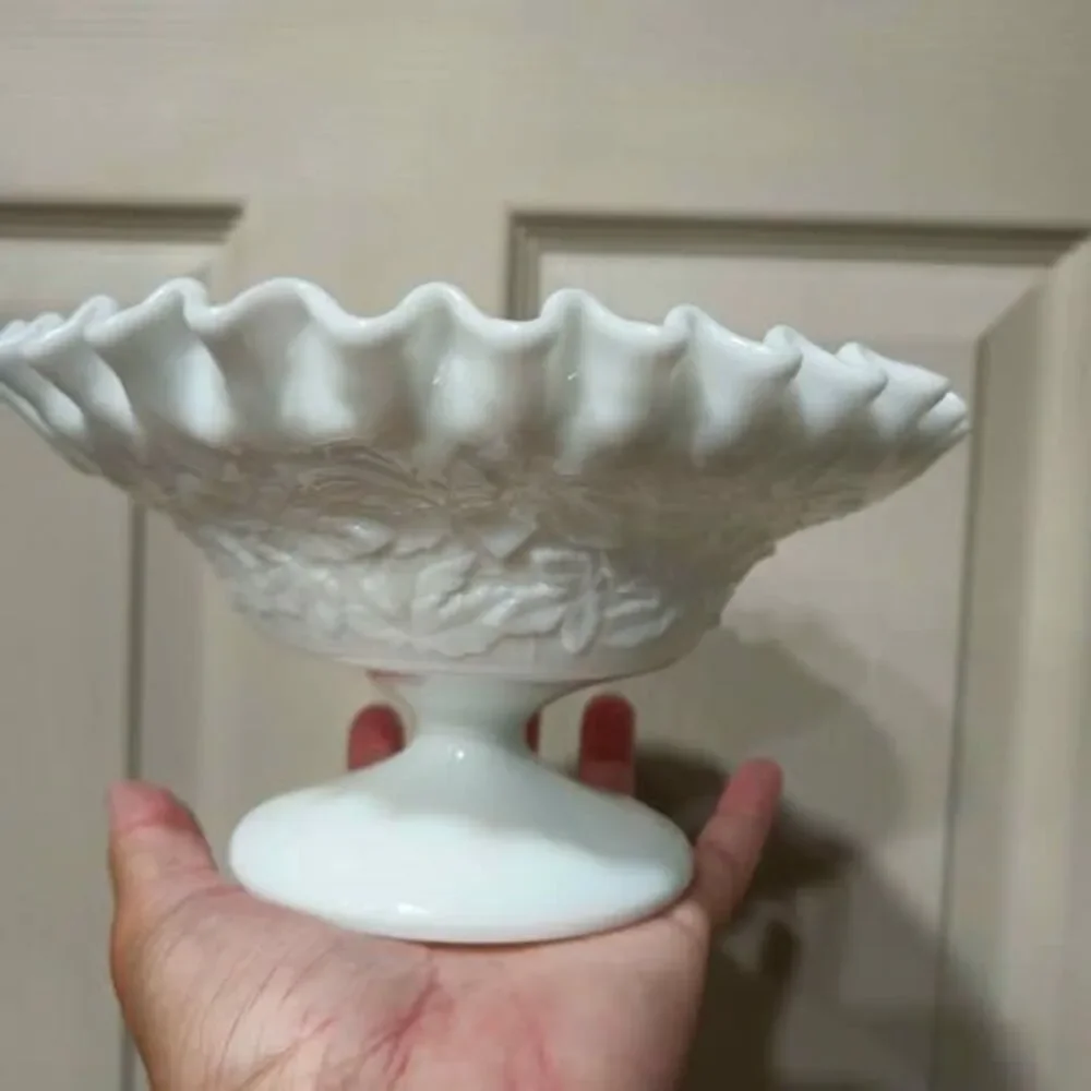 Milk glass ruffled edge grape leaf footed bowl